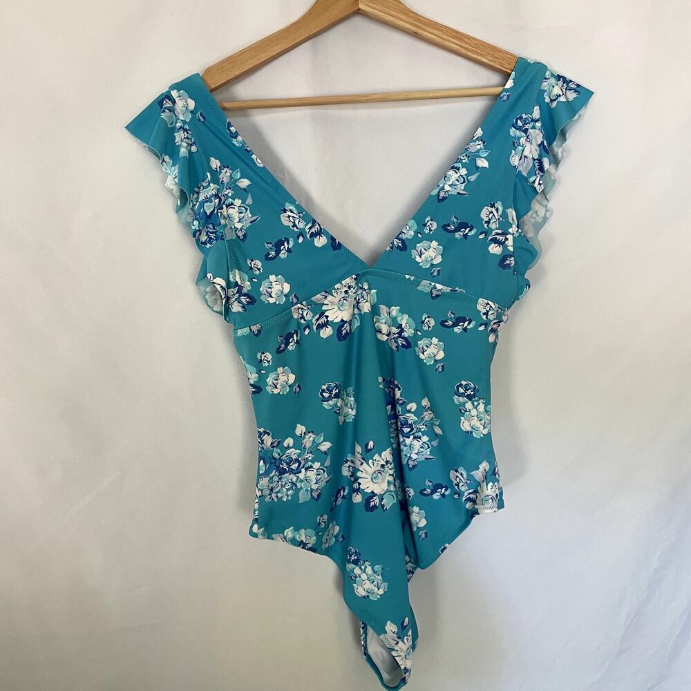 Cupshe one piece‎ sky blue floral v-neck swimsuit padded cups frilled women's L - Picture 6 of 7